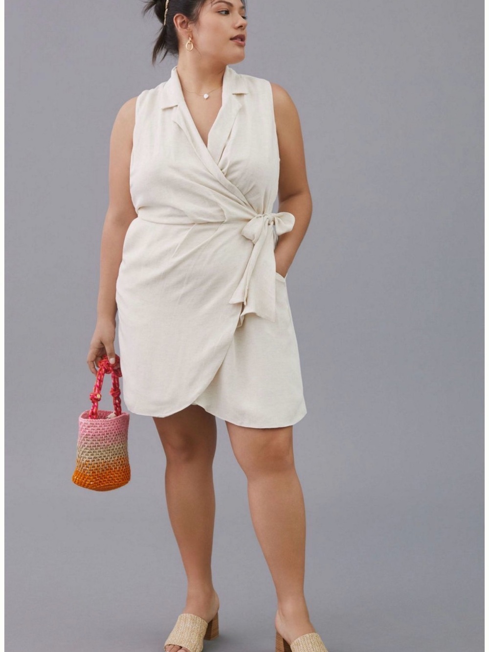 Anthropologie Linen Wrap Mini Dress in Cream